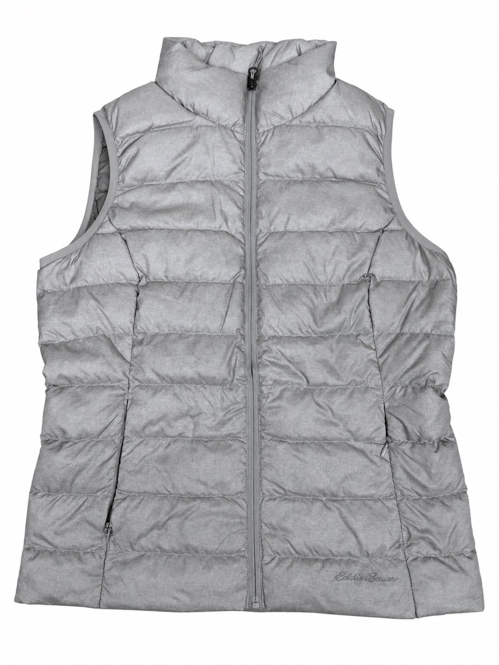 Eddie Bauer women’s quilted puffer vest in heather gray, size Medium. Features E